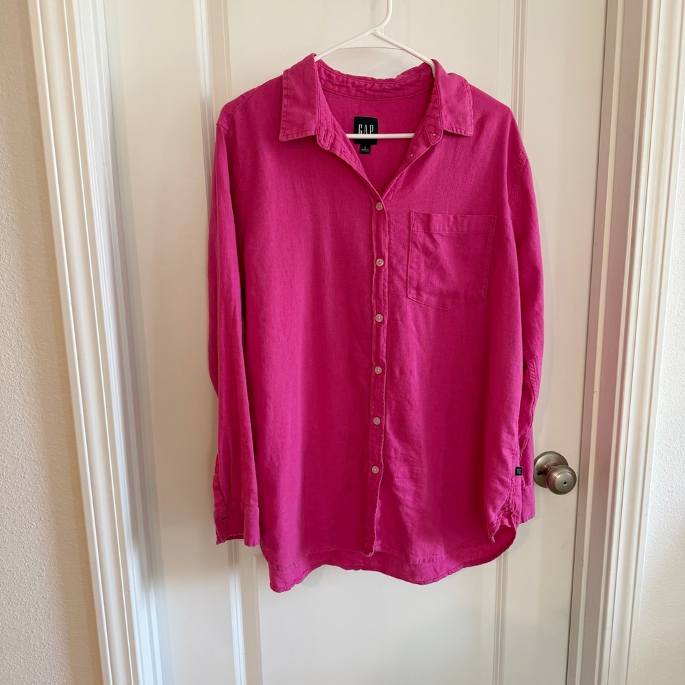 Gap Linen Blend Button Down Womens Lg Pink Relaxed Fit Long Sleeve Summer Spring